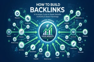 How to build backlinks â€” a visual guide showing interconnected websites linking to a central site with an upward SEO ranking chart