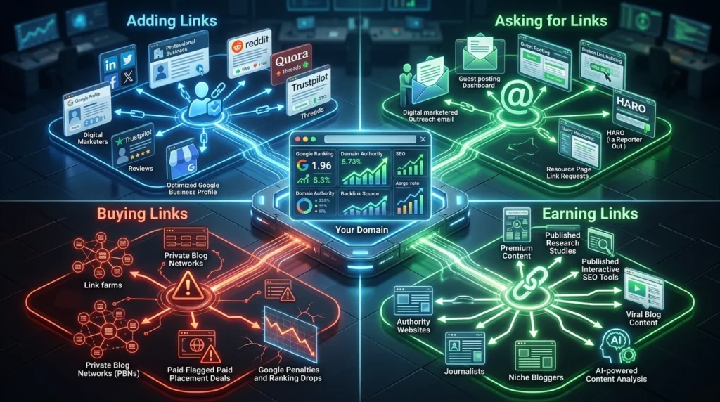 How to get backlinks in 2026 using the four core backlink building methods including adding links, outreach, earning backlinks naturally, and white-hat SEO strategies.
