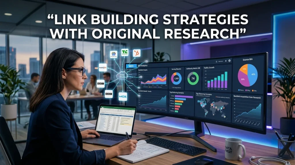 Professional hero image showing advanced link building strategies using original research, SEO analytics, surveys, backlink outreach, and data-driven content marketing for high-authority backlinks.