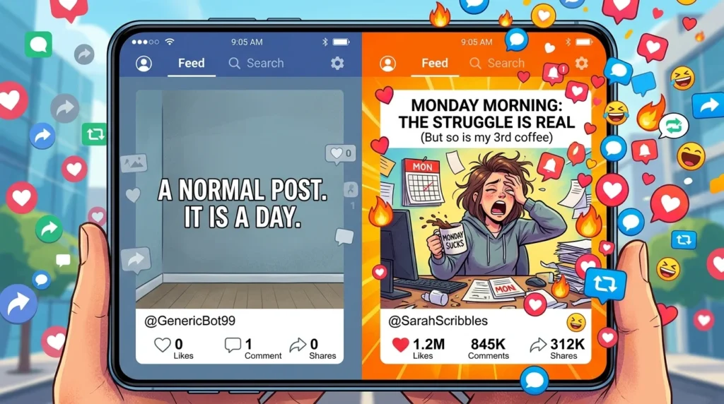 Comparison of a generic meme vs a highly relatable Monday morning meme showing how relatability increases social media engagement and shares