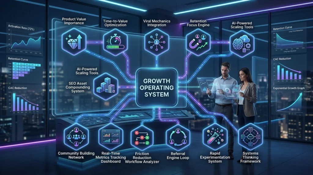SaaS Growth Case Study showing lessons for founders including product value focus, reducing time-to-value, viral mechanics, retention optimization, AI scaling, SEO strategy, community building, metrics tracking, friction removal, referrals, fast testing, and systems thinking in 2026