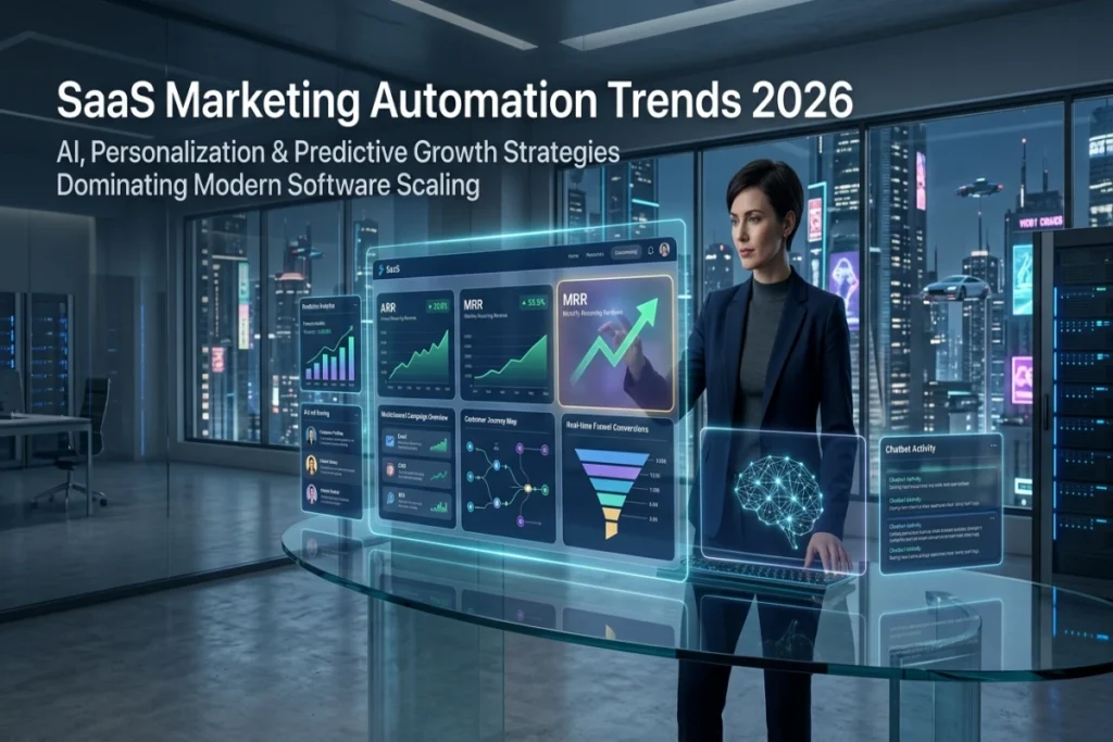 Futuristic SaaS marketing automation dashboard showing AI-driven CRM analytics, predictive growth metrics, customer automation workflows, and software marketing trends in 2026