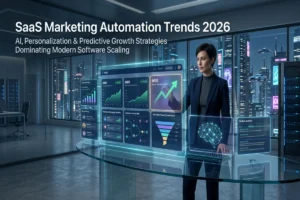 Futuristic SaaS marketing automation dashboard showing AI-driven CRM analytics, predictive growth metrics, customer automation workflows, and software marketing trends in 2026