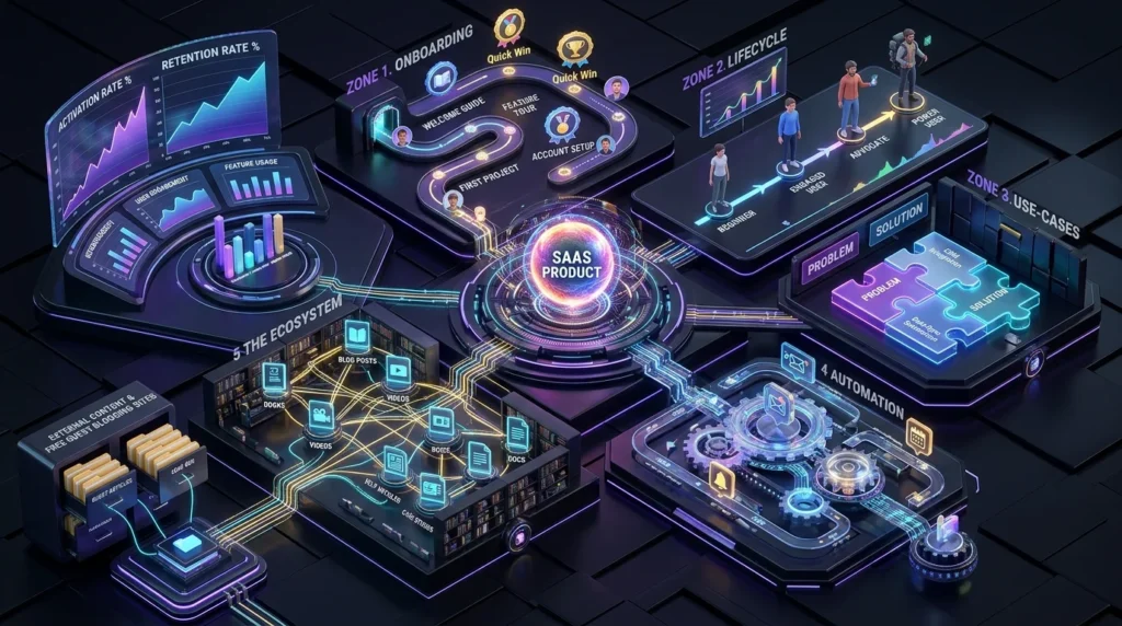 "A comprehensive visualization of a SaaS knowledge ecosystem and free guest blogging sites integrated into a multi-step user retention and onboarding framework."