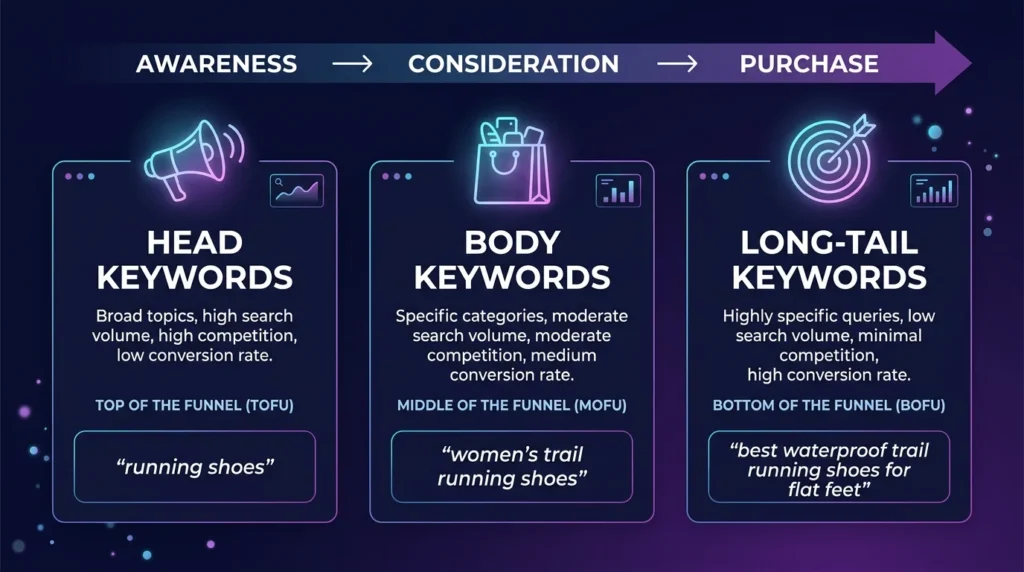 Infographic showing head keywords, body keywords, and long-tail keywords in a Shopify SEO strategy with customer journey flow