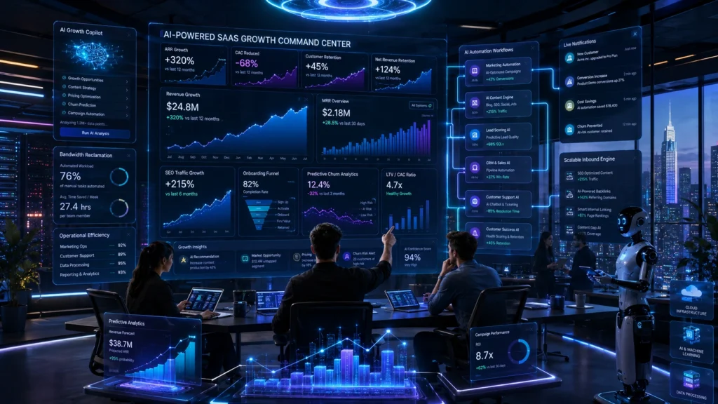 AI tools to grow SaaS platforms with futuristic dashboards, marketing automation, predictive analytics, CRM workflows, customer retention systems, and startup growth optimization
