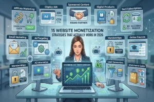 15 website monetization strategies that actually work in 2026 showing affiliate marketing, display ads, digital products, memberships, SaaS subscriptions, and multiple website revenue streams generating online income.