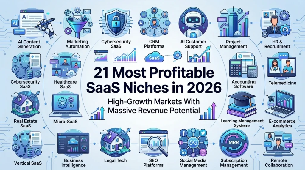 21 Most Profitable SaaS Niches in 2026 infographic featuring AI content tools, cybersecurity SaaS, CRM platforms, marketing automation, telemedicine, legal tech, fintech, vertical SaaS, and other high-growth software markets.