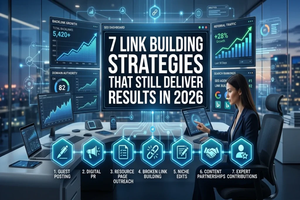 7 Link Building Strategies That Still Deliver Results in 2026 showing modern SEO backlink building techniques, authority links, digital PR, guest posting, and website ranking growth.