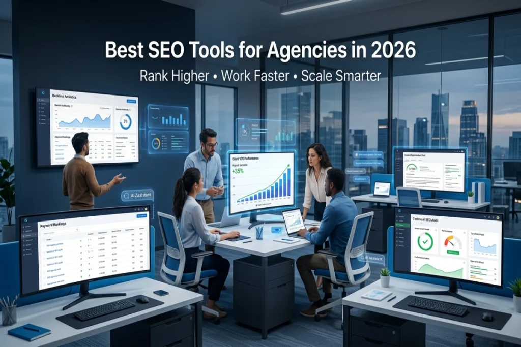 Best SEO tools for agencies in 2026 featuring AI-powered SEO software, keyword tracking, backlink analysis, content optimization, and agency growth dashboards.