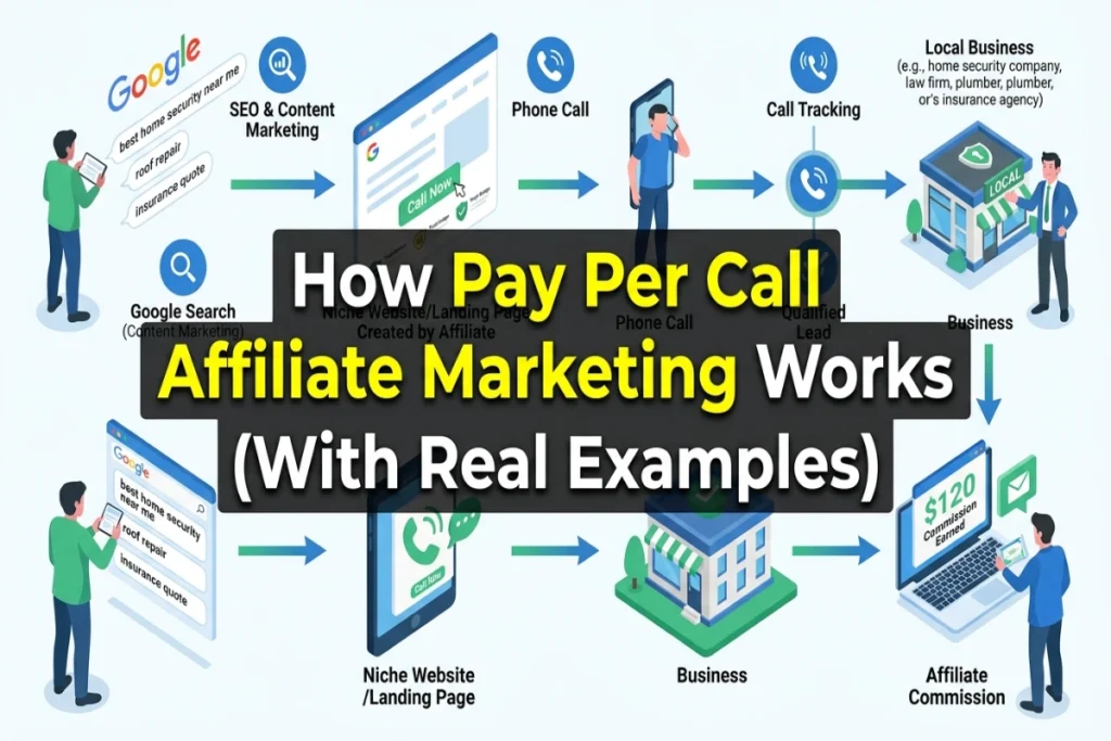 How Pay Per Call Affiliate Marketing Works (With Real Examples) infographic showing the complete affiliate marketing process from Google search to phone call, business sale, and affiliate commission.