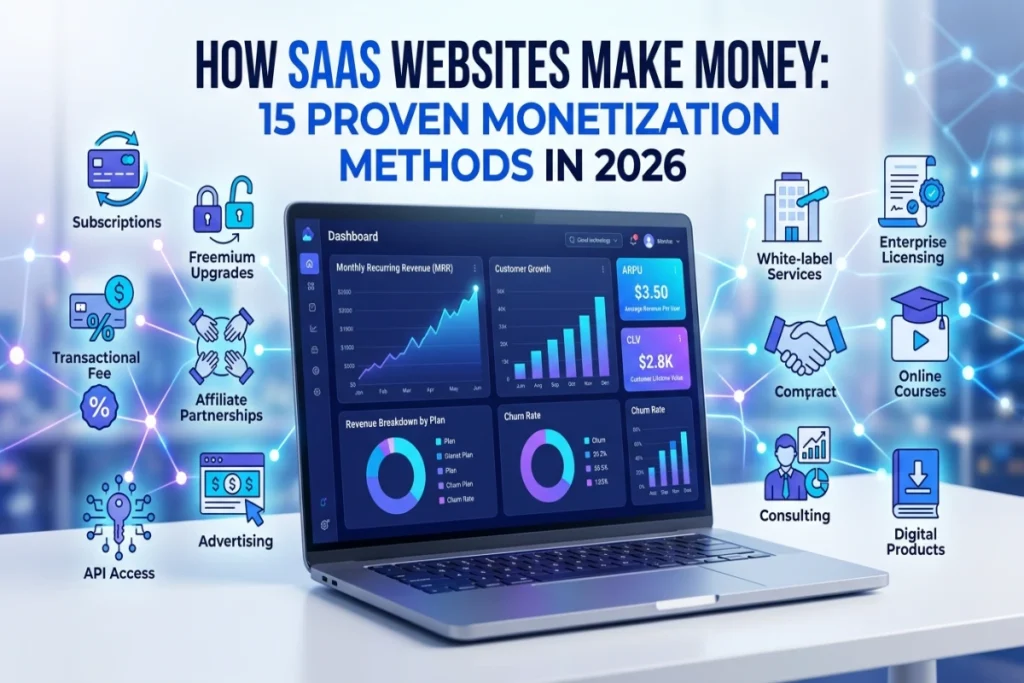 How SaaS Websites Make Money in 2026 through subscriptions, freemium models, affiliate marketing, advertising, enterprise licensing, and other proven monetization methods.