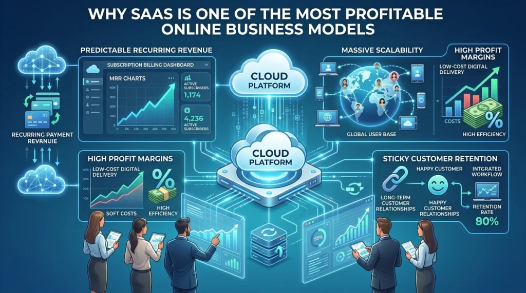 How SaaS Websites Make Money by leveraging recurring revenue, cloud scalability, high profit margins, customer retention, subscription billing, and global software delivery to create a highly profitable online business model.