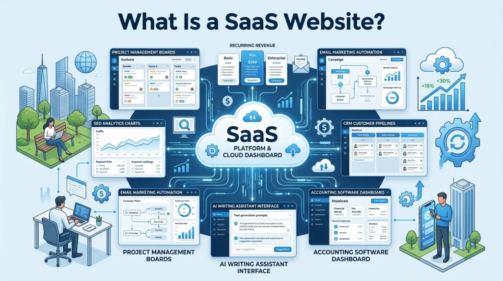 How SaaS Websites Make Money through cloud-based software platforms, recurring subscriptions, project management tools, CRM systems, SEO software, email marketing, AI assistants, and accounting applications accessible from anywhere.