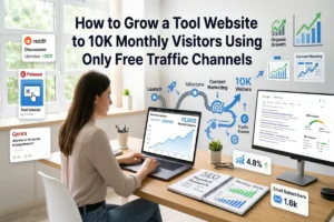How to Grow a Tool Website to 10K Monthly Visitors Using Only Free Traffic Channels with SEO, content marketing, social media, and organic traffic growth strategies displayed on a website analytics dashboard.