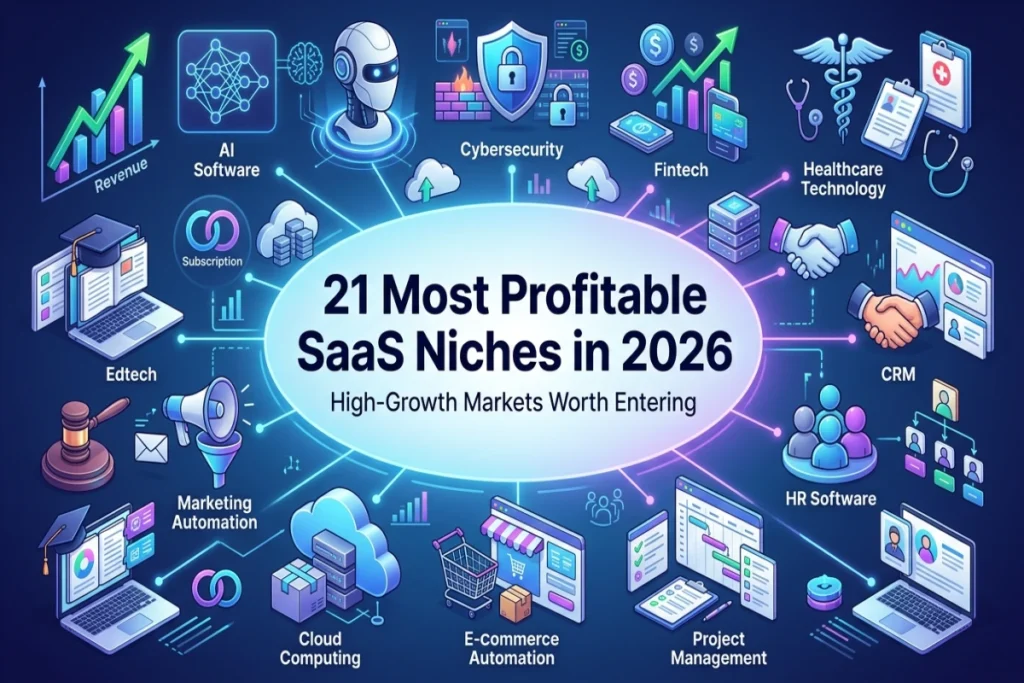 Most Profitable SaaS Niches in 2026 infographic featuring 21 high-growth SaaS markets including AI, cybersecurity, fintech, healthcare, CRM, cloud computing, and marketing automation with recurring revenue growth.