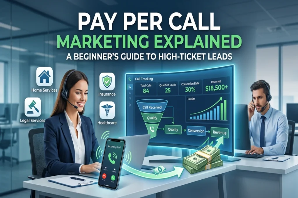 Pay Per Call Marketing Explained beginner guide showing phone call lead generation, call tracking, and high-ticket customer acquisition strategies.