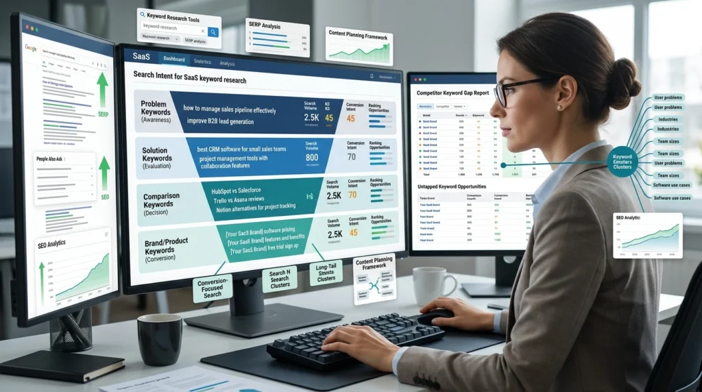 SaaS SEO Strategy 2026 keyword research framework showing problem, solution, comparison, and brand keywords with search intent mapping, competitor analysis, and SEO opportunity discovery.