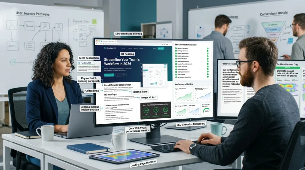 SaaS SEO Strategy 2026 on-page SEO optimization framework showing SaaS landing page elements, conversion-focused copywriting, search rankings, schema markup, and trial signup growth.