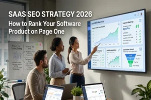 SaaS SEO Strategy 2026 showing software product rankings, keyword growth, organic traffic analytics, and SEO dashboards for achieving first-page search visibility.