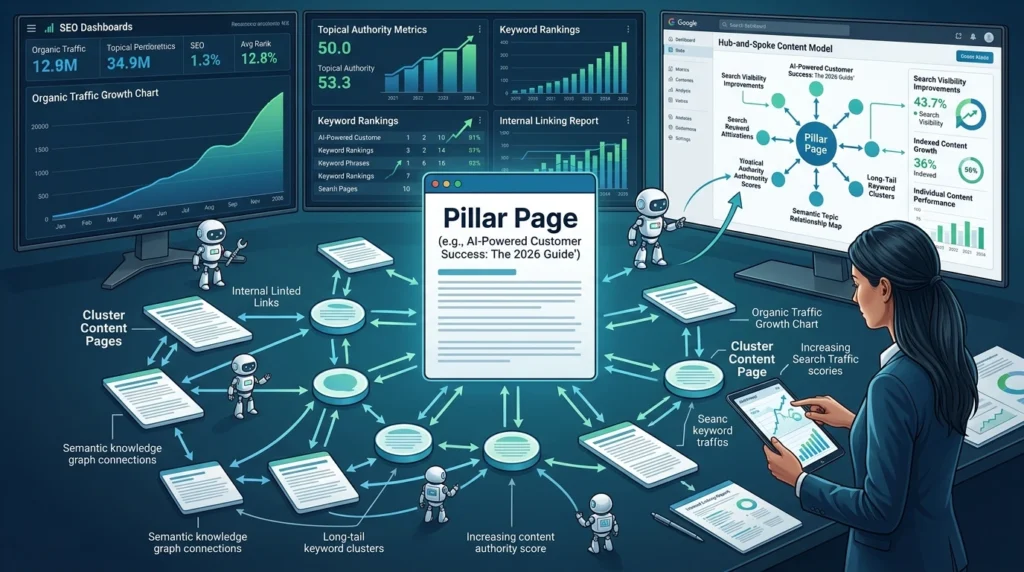 SaaS SEO Strategy 2026 topical authority framework showing pillar pages, content clusters, internal linking architecture, search visibility growth, and domain expertise building for SaaS websites.