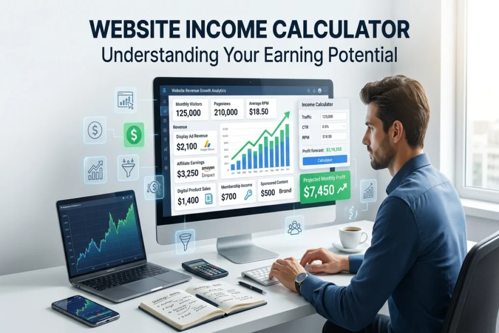 Website Income Calculator dashboard showing website traffic, ad revenue, affiliate earnings, and profit projections to understand online earning potential and website monetization opportunities.