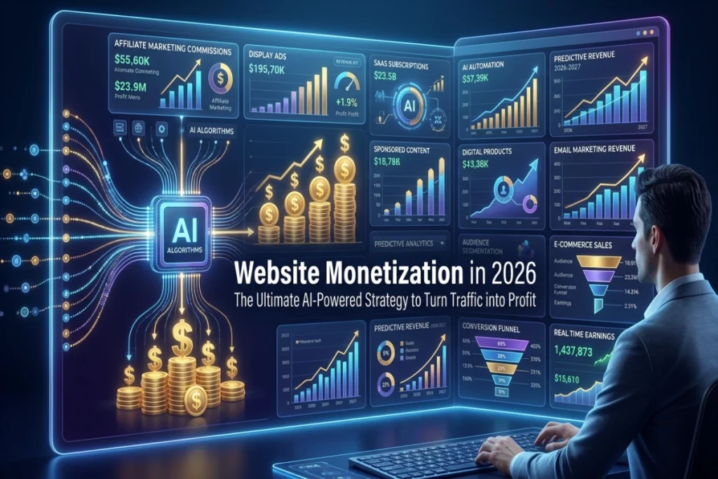 Website Monetization in 2026 showing an AI-powered dashboard that converts website traffic into profit through affiliate marketing, display ads, subscriptions, digital products, and automated revenue optimization strategies.