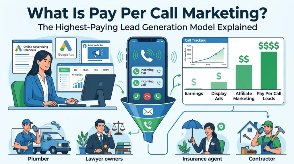 What is pay per call marketing illustration showing inbound phone leads, call tracking, lead generation funnel, and high-ticket customer acquisition compared with display ads and affiliate marketing.