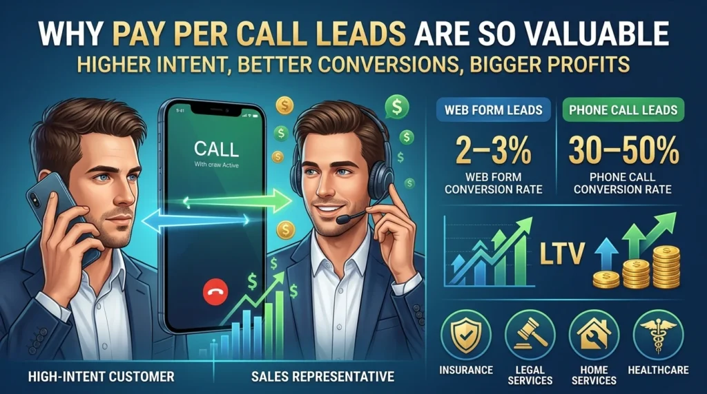 Why pay per call leads are valuable illustration showing high-intent customers, live phone conversations, higher conversion rates, increased customer lifetime value, and greater business revenue.