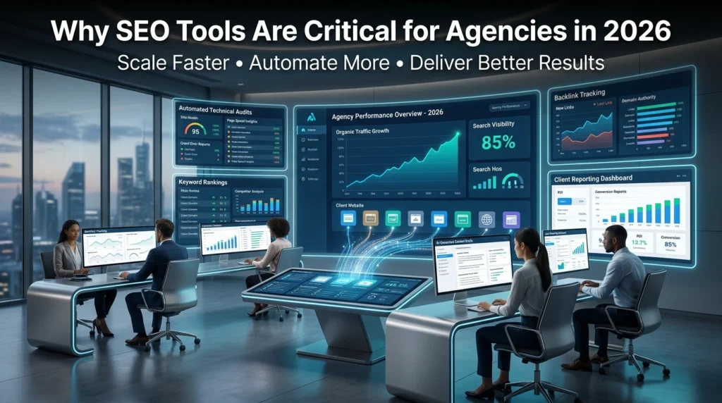 Why SEO tools are critical for agencies in 2026 featuring automated SEO audits, keyword tracking, competitor analysis, client reporting dashboards, and scalable agency workflows.